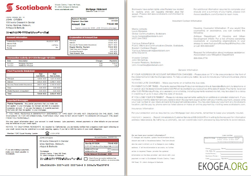 Relevé hypothécaire de la Banque Scotia d'Antigua , et , Barbuda, 2 pages, 1, 2 scr